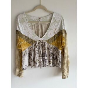 Free People Mixed Floral Patchwork V-Neck Peplum Long Sleeve Top Mustard L